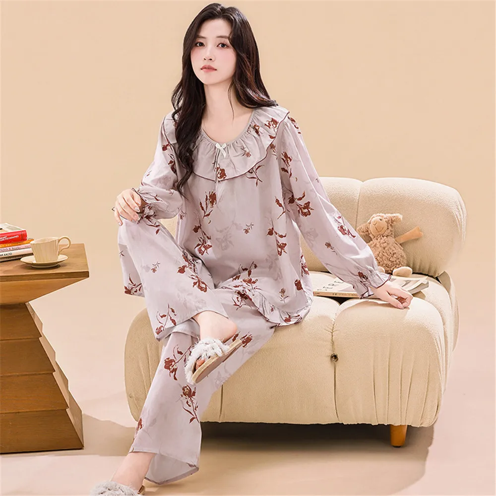 Summer Doll Collar Women's Pajama Set Long Sleeve Pullover Pants Two Piece Home Clothes Ladies Viscose Sleepwear