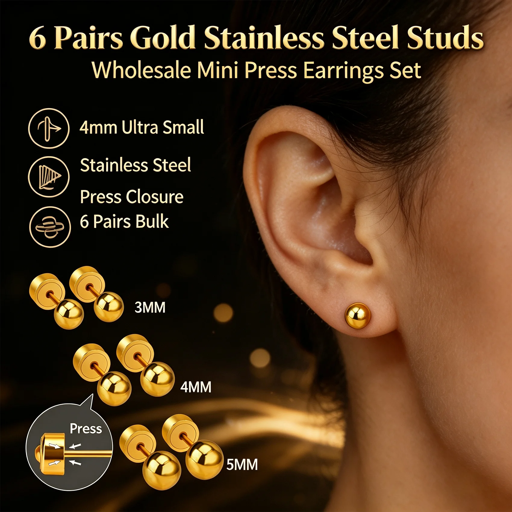 6 Pairs Wholesale Stainless Steel Ball Stud Earrings Push Press Back Mini Round Ear Piercing Jewelry 3-5mm Multi Sizes Set