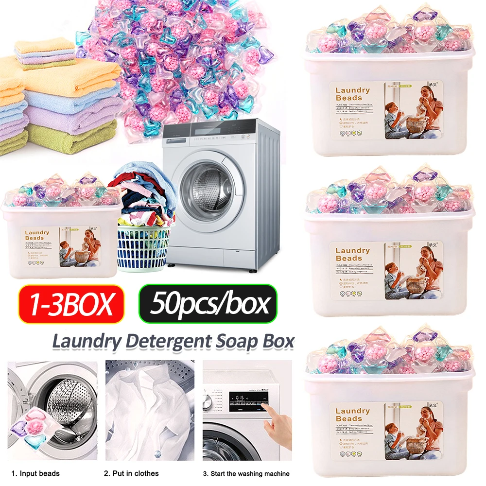 50pcs/box Laundry Detergent Soap Box 5 in 1 Detergent Liquid Laundry Beads Laundry Aroma Liquid Capsule Ball for Home Dormitory