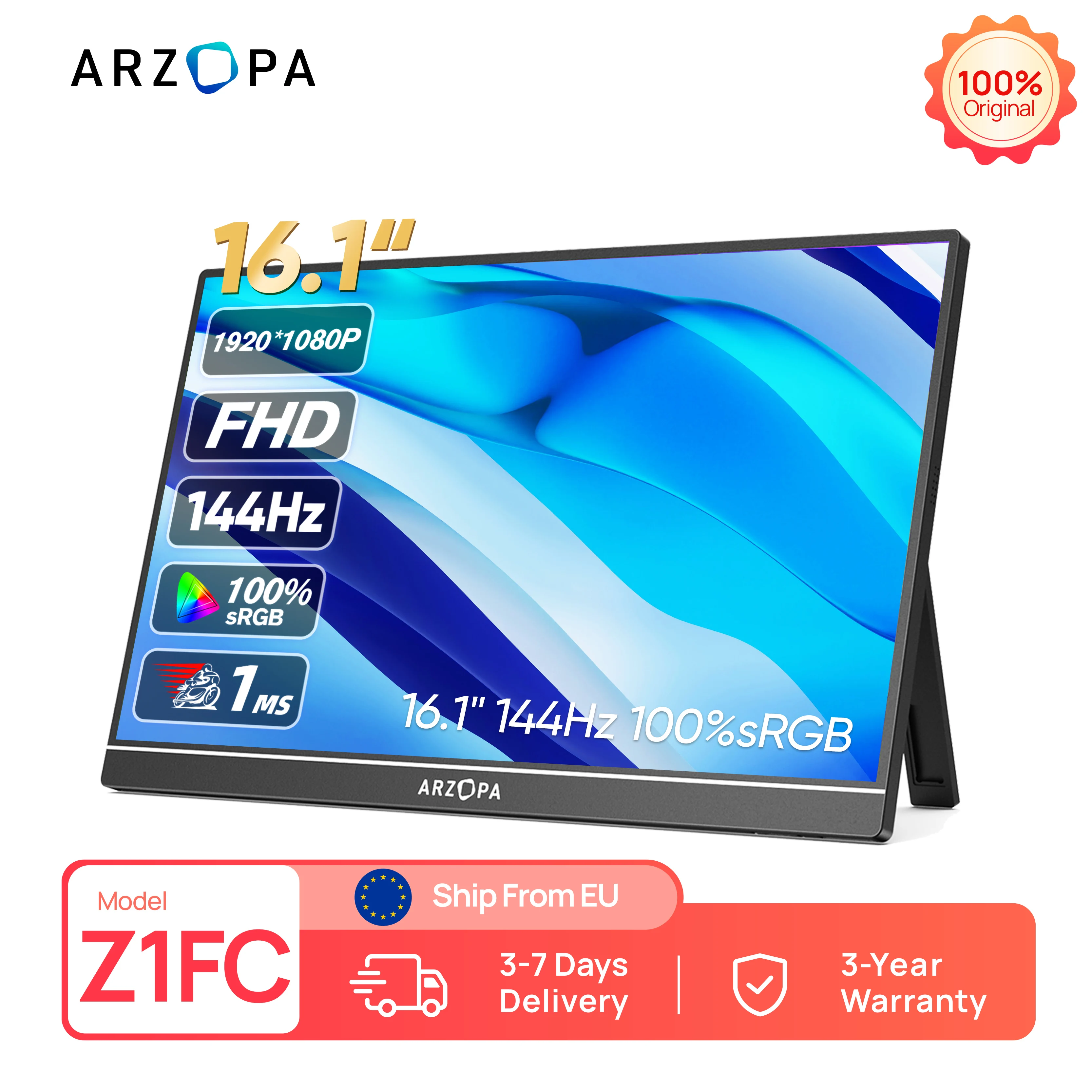 ARZOPA 16.1 inch144hz 100% sRGB 1080P FHD IPS Portable Gaming Monitor External Second Screen Display for Laptop/PC/PS/Xbox Z1FC