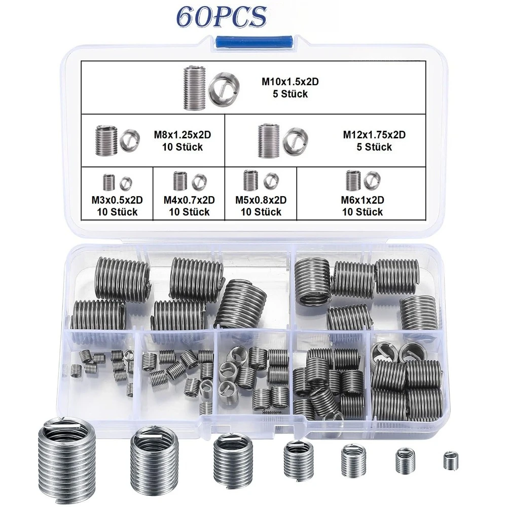 

60/140/200Pcs Threaded Sleeve Sets 304 Stainless Steel Locking Type Wire Thread Sleeves Fastening Set Thread Repair Kit