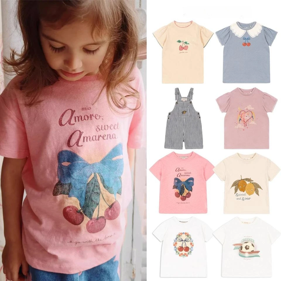 

2025 New Summer Children's Cherry Lemon Printed Cotton T Shirts Shorts Set Korean Baby Boys Girls Jumpsuit Clothings