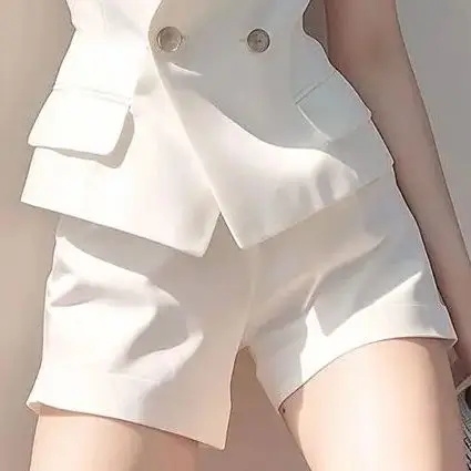 Korea Summer 2 Pieces Set For Women White Sleeveless Tops And Shorts Suits V-Neck Fashion Elegant Office Ladies Work Set Suit