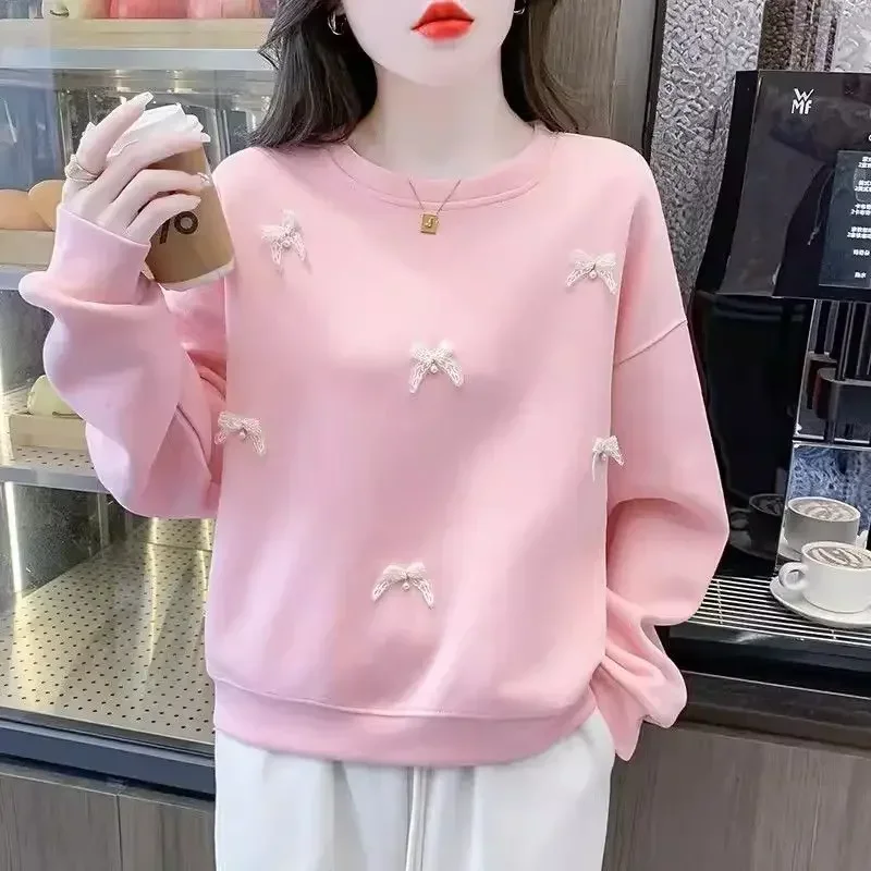 Pullover Long Sleeve White Baggy Sweatshirt for Women Loose Pink Woman Tops 2000s Cheap Matching Novelty Essential 2025 Trend E