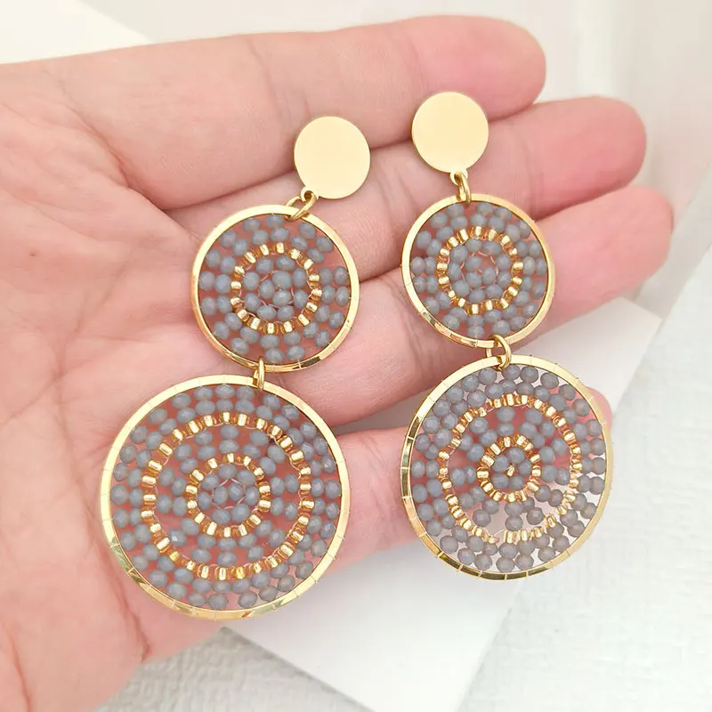 ZGMXR Rice bead earrings Crystal Circle Recessed design Double-layer Hand-woven Fashion Simple Alloy Woman Beaded earrings