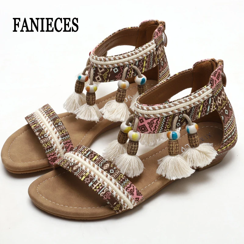 

Vintage Print Women Flat Sandals Plus Size Tassel Pendant Ankle Strap Casual Beach Bohemia Roman Gladiator Sandalias Zapatos