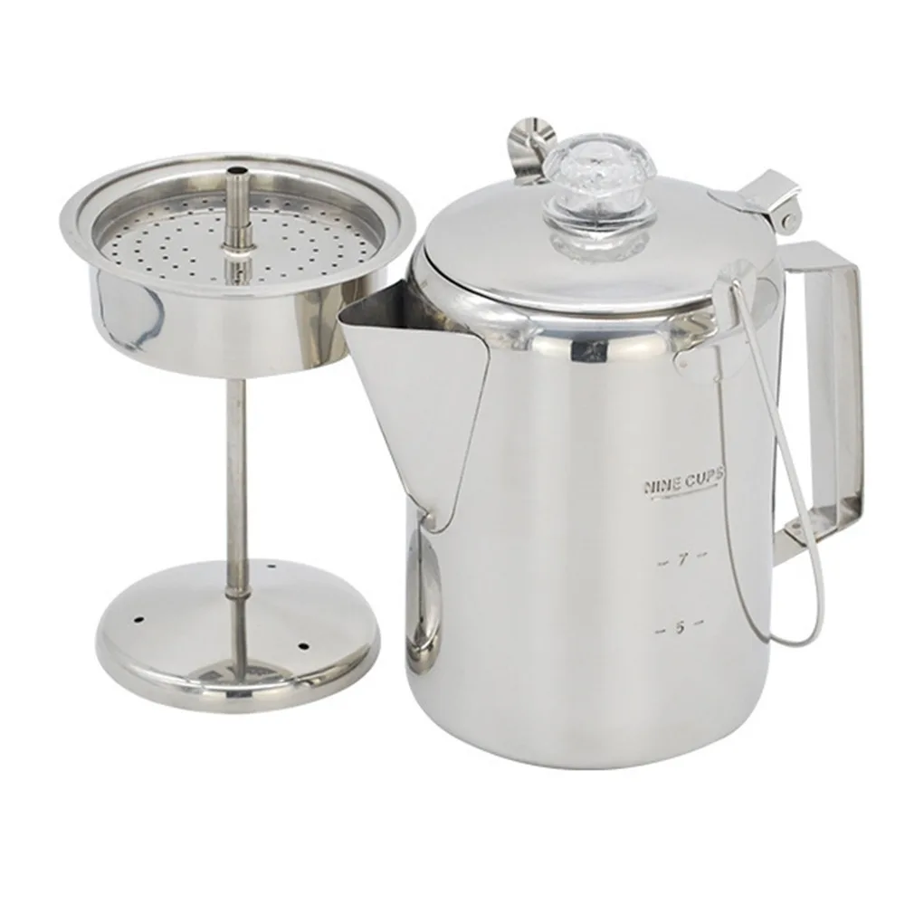 9 Cup Capacity Camping Coffee Maker Clear Top Glass Knob Filter Basket Stainless Steel Percolator Fast Brew Camping Coffee Pot