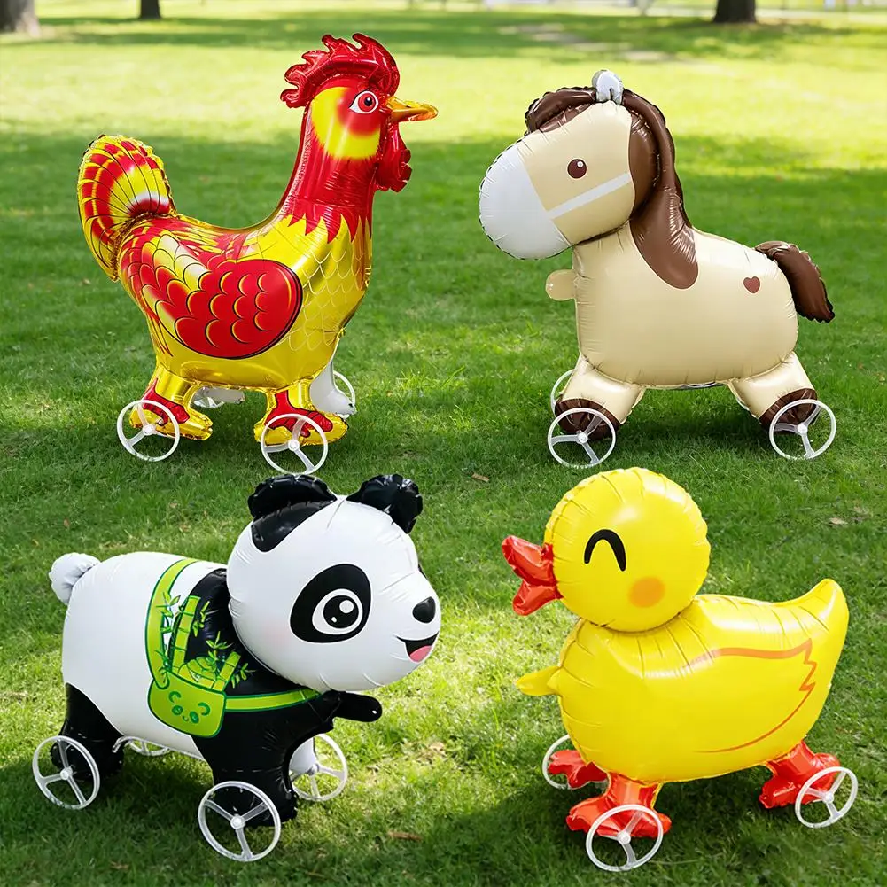 Cartoon Animal Foil Balloons Yellow Duck  Stand Walking Balloon With Wheel For Kids Birthday Wedding Party Decoration Gifts
