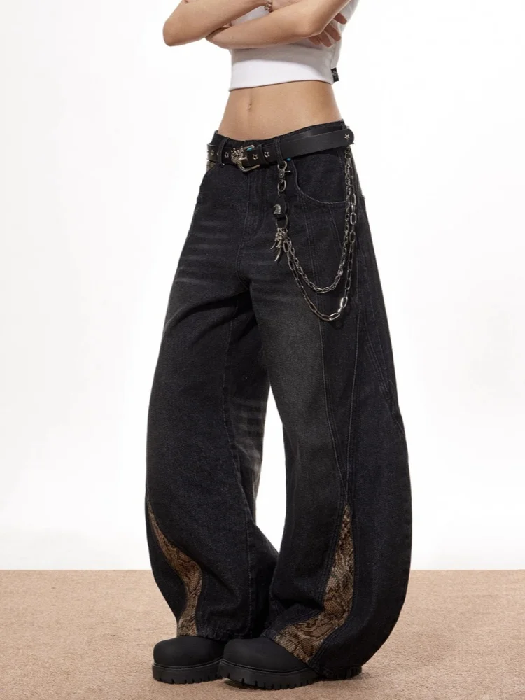 2025 الأمريكية الرجعية Y2K نمط الأفعى نمط المرقعة فضفاض المرأة الجينز السراويل للمرأة الملابس القطن فضفاض سراويل طويلة