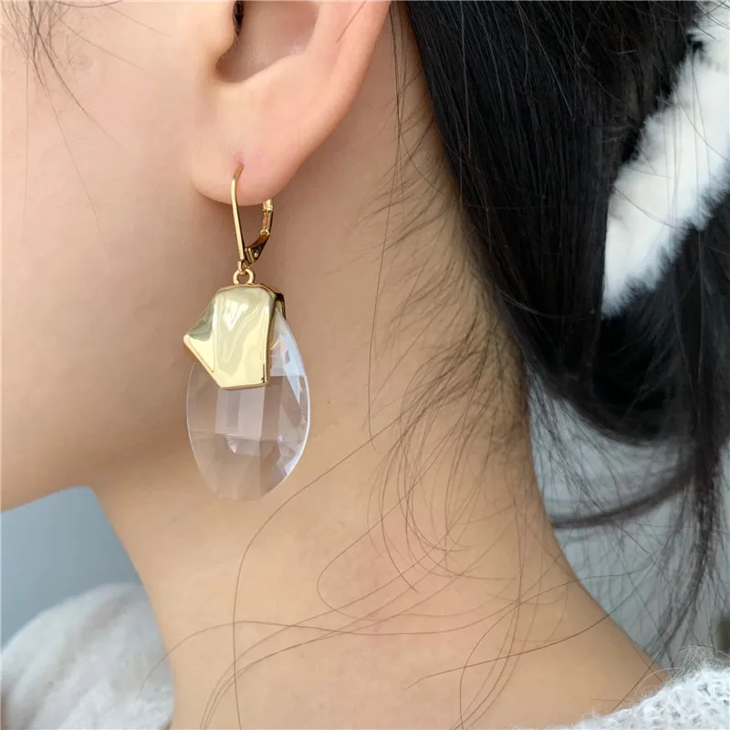 Brass With 18k Gold Clear Crystal Drop Earrings Women Jewelry Party Boho T Show Gown Runway Rare Korean Japan Trendy INS