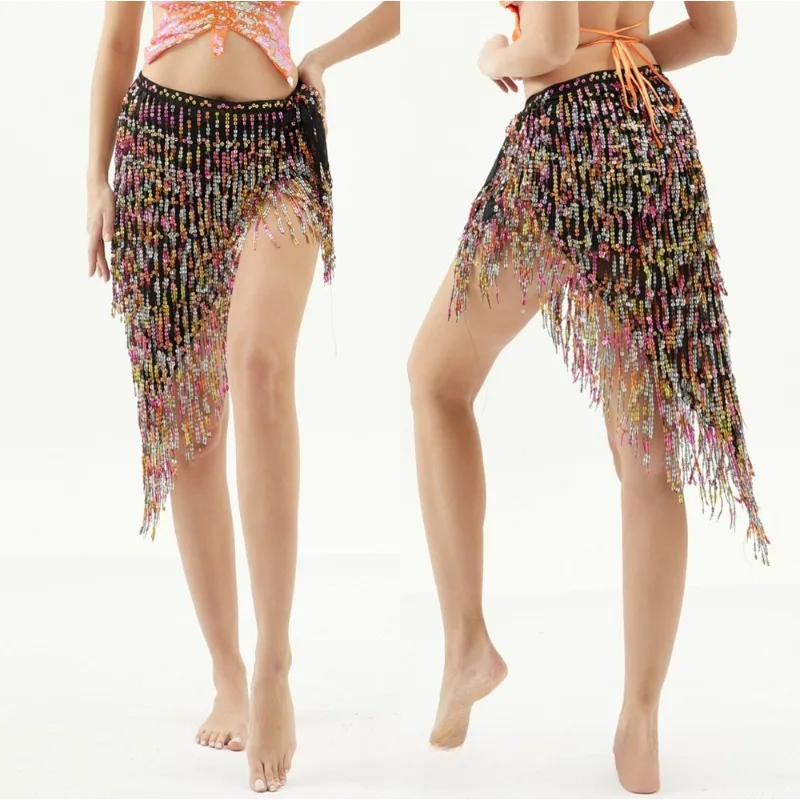 Sexy Belly Dance Outfit with Waist Chain Hip Scarf Wrap Skirt Sequins Fringe Heavy Work Performance Costume