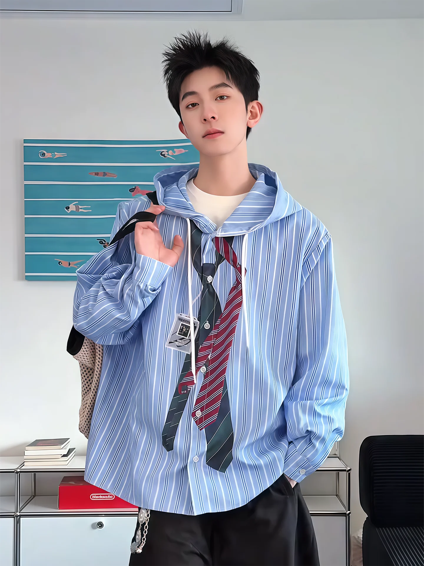 

Cleanfit Blue Striped Long Sleeve Men's Shirt with Hood Sun Protection Spring Summer Print Design Casual Outerwear Coat
