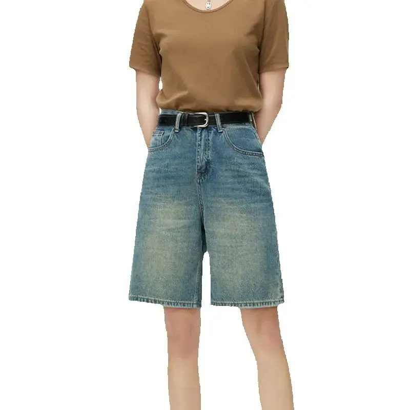 Vintage five-point denim shorts Spring/summer new loose slim wide leg mid-length pants women's five-point mid-length pants