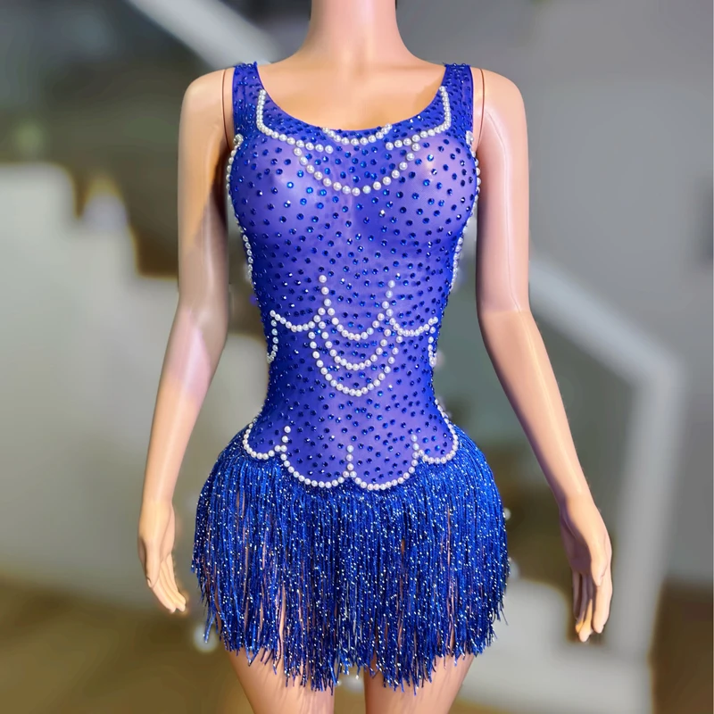 

Fashion Singer Dj Ds Stage Festival Outfits Women Blue Rhinestones Fringed Dress Adults Jazz Dance Costumes Rave Wear XS8183