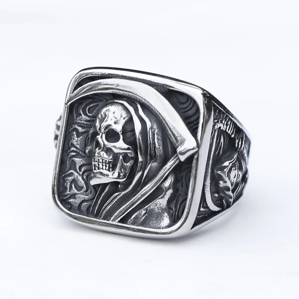 2024 Vintage Mens 316L Stainless Steel Rings for Men Death Sickle Domineering Skull Ring Men's Hip-hop Punk Party Jewelry Gift