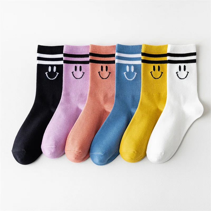 3 Pairs Smiling Socks Black White Fashion Sox Funny Cute Expression Mid Tube Cotton Socks Women\'s Stockings