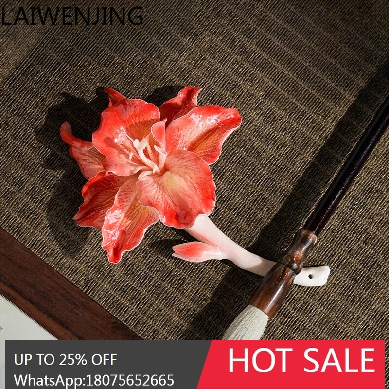 Oriental Soil Ceramic Intangible Cultural Heritage Handmade Hippeastrum Flower Branch Ornament Pen Holder