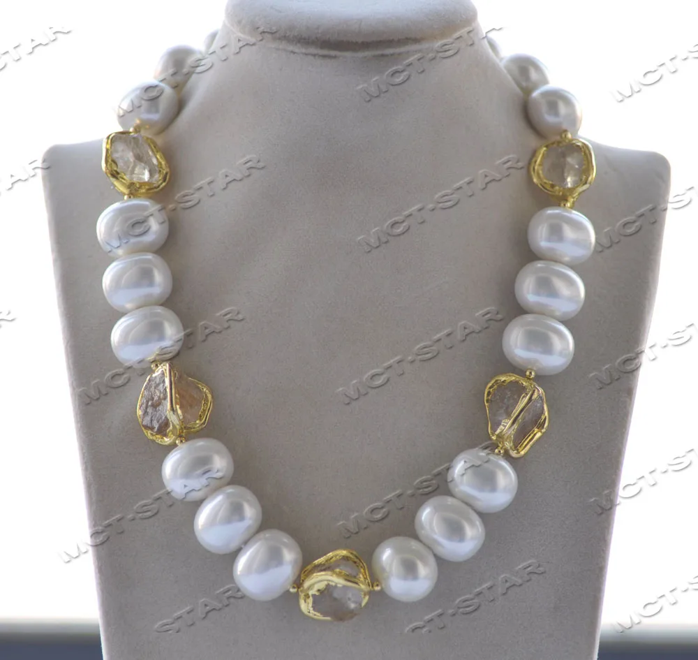 Z12517 Set 20mm White Egg Shell Pearl Baroque Citrine Gold-Plated Necklace Bracelet