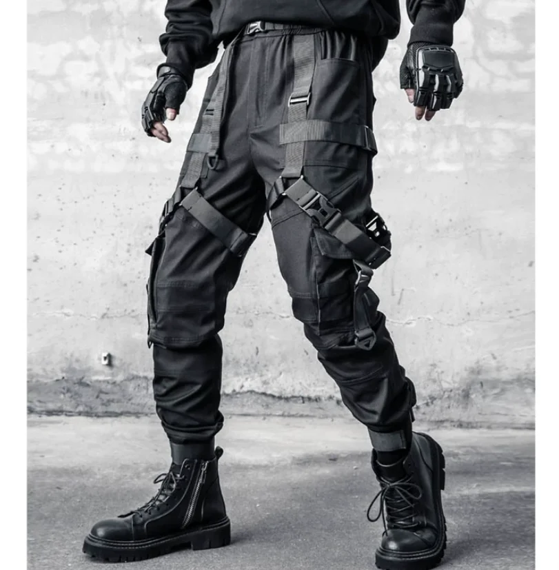 Spring and Autumn style dark functional tactical work pants with ribbon design and loose leg binding pants