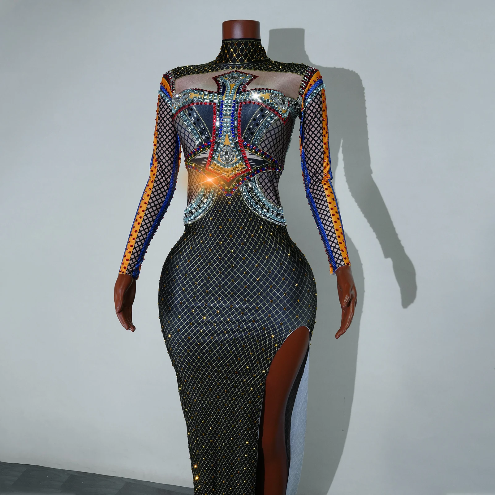 럭셔리 스파클 라인스톤 할로윈 롱 드레스 (테일 포함) 섹시 파티 클럽 DS 댄스 공연 드랙퀸 무대 페스티벌 의상