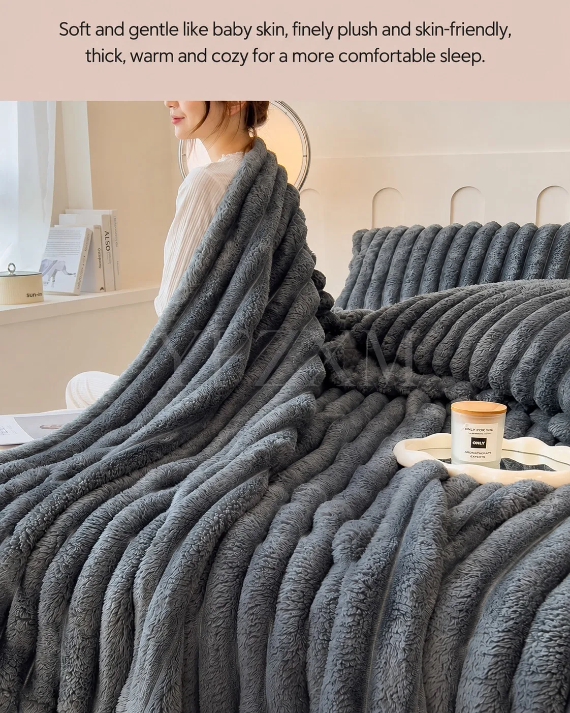 Thick Warm Wide Striped Flannel Blanket Solid Color Soft Fluffy Plush Throws for Sofa Bed Office Travel Multifunctional Blanket