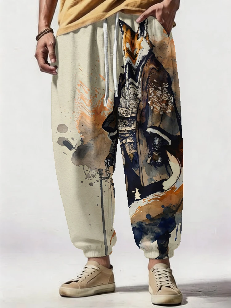 Modische Sommer-Sweatpants im japanischen Stil, lockere Herren-Freizeithose mit Kordelzug, Kimono-Fuchs-Grafikdruck, Sporthose 2026