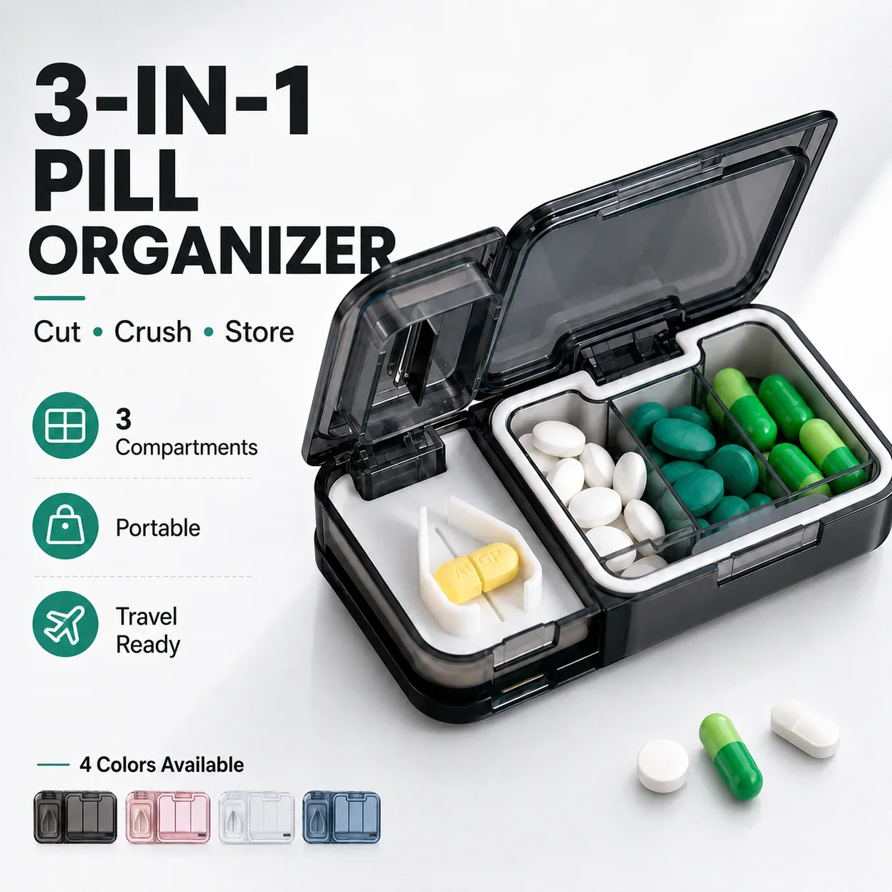 3-in-1 Pill Organizer Portable Pill Cutter Crusher 3 Compartments Sealed Travel Medicine Storage Box Stainless Steel Blade