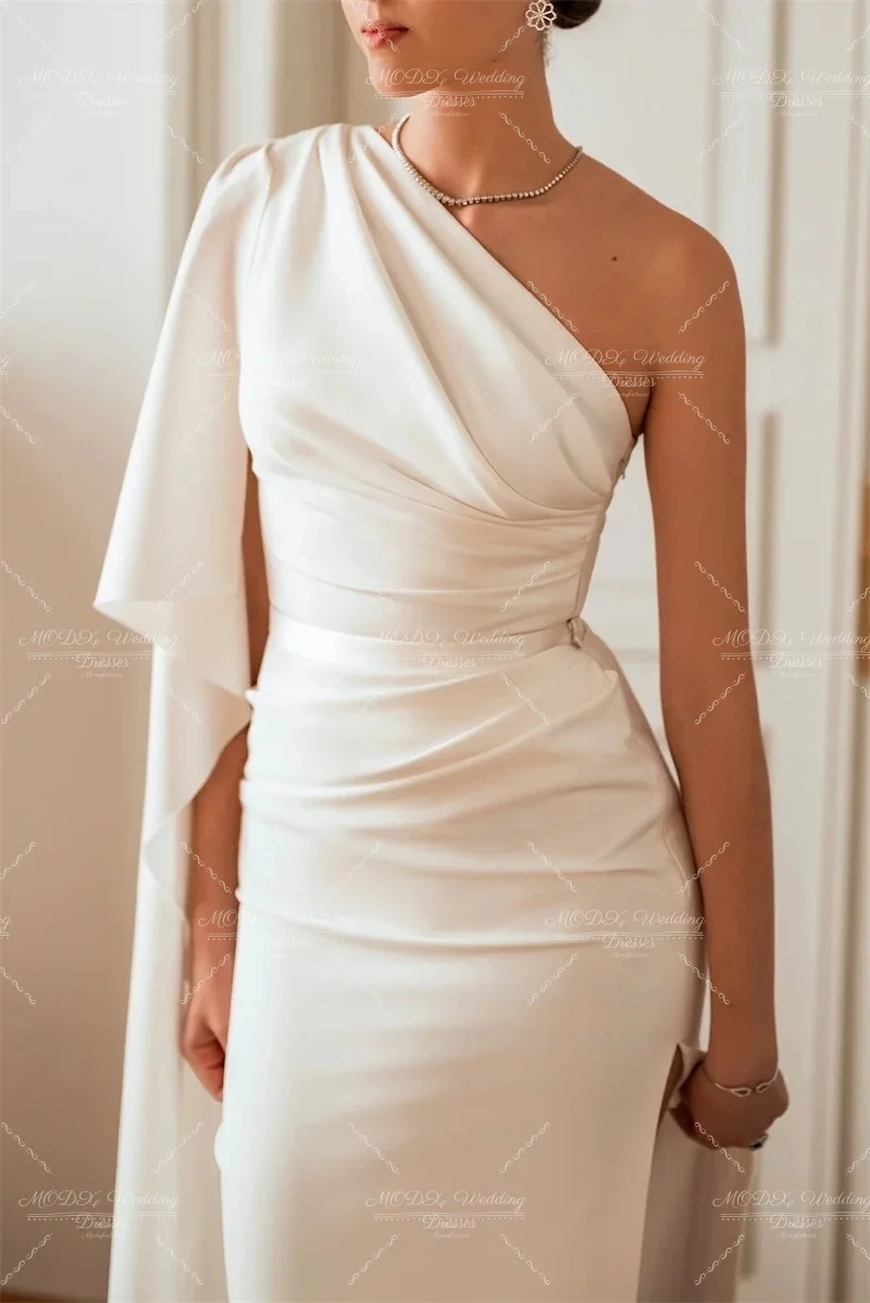 MODX Graceful Ivory Wedding Dress One Shoulder Cape Sleeve Ruched Bodice Satin Mermaid Silhouette Floor Length Bridal Gown