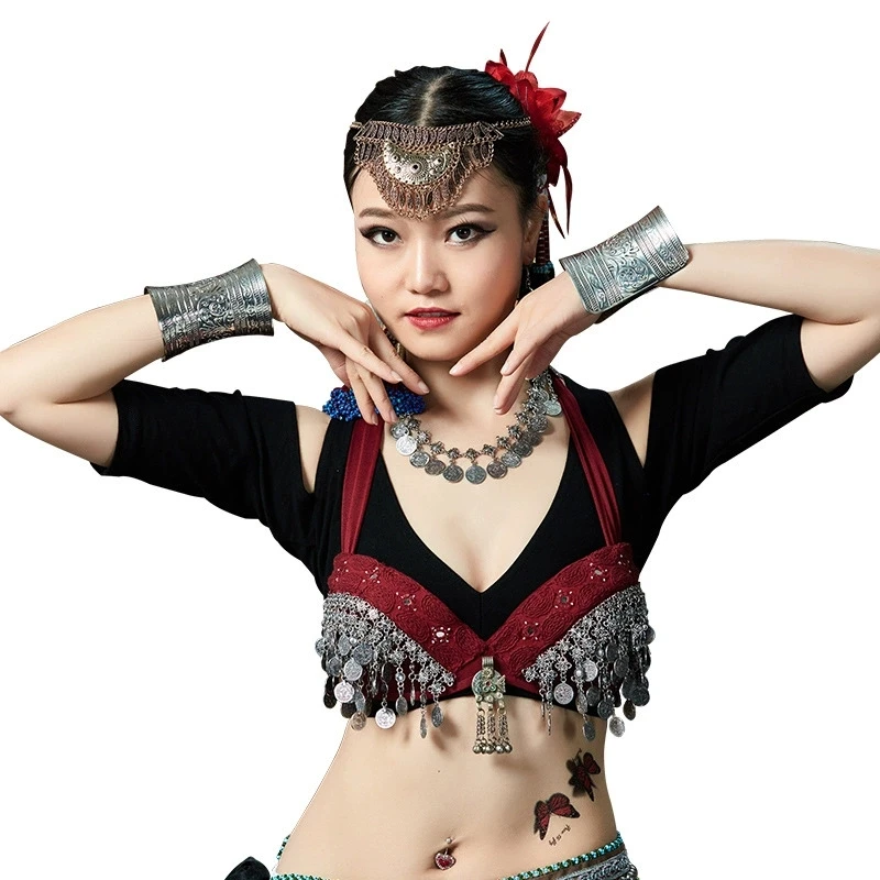 Sutiã tribal vermelho para dança do ventre, copo push up, sutiã cigano vintage, moedas de bronze, swags, tops ats