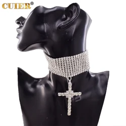 CUIER Exquisite Big Size Cross Pendant Choker for Women Rhinestone Crystal Necklace Jewelry for Man