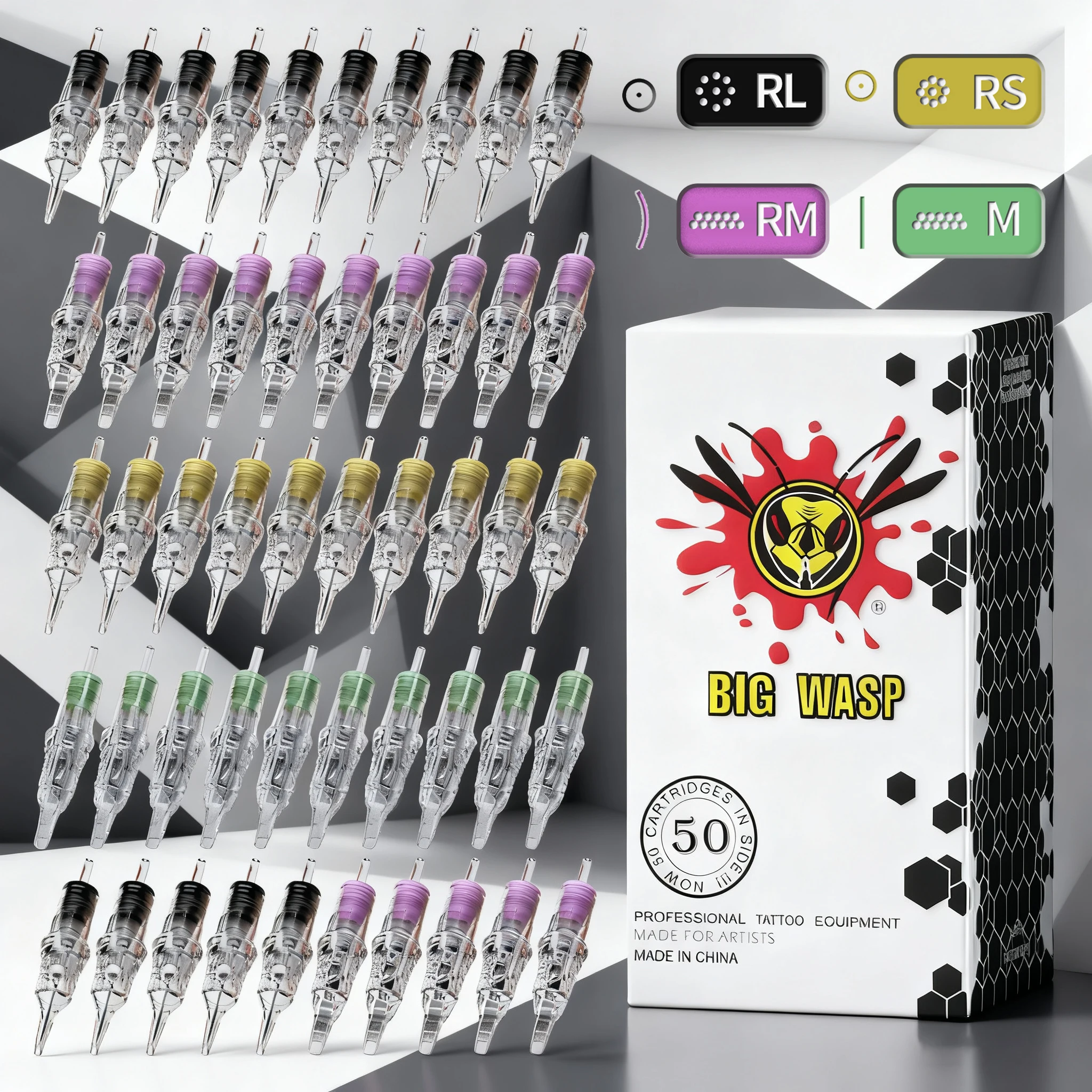 

BIGWASP 50PCS Tattoo Cartridges Professional Disposable Safety Needles Permanent Makeup For Machine Supplies RL/RS/RM 0.3/0.35mm