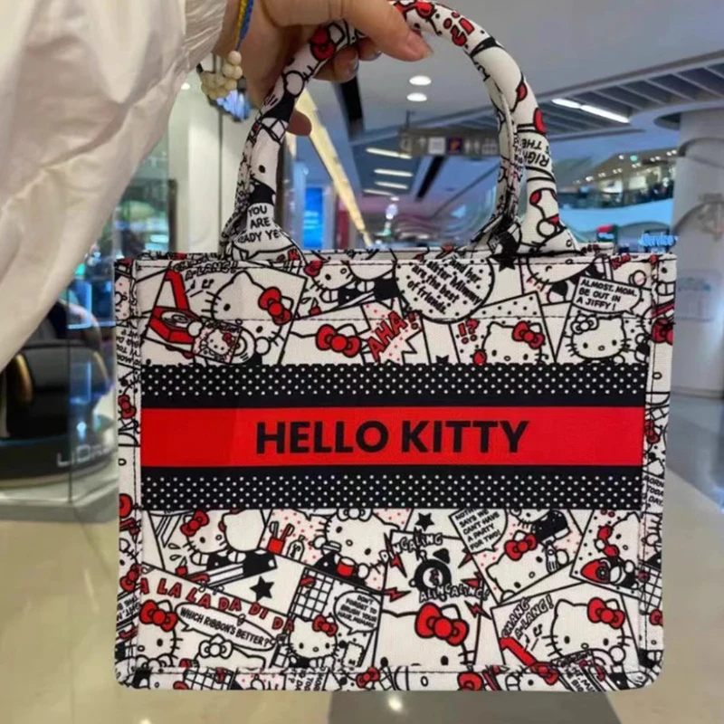 2024 New Hello Kitty Tote Bag Printed Shopping Bag 3d Large Capacity Tote Canvas Kuromi Handbag Commuter