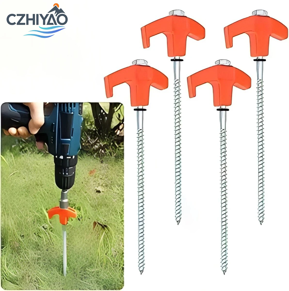 Image of CZHIYAO 4 Stück Outdoor-Zeltnägel, 20/25/30 cm, Schraubankerpfähle, Heringe, Schrauben, Hering, Bodennägel, Kohlenstoffstahl, sechseckiger Kunststoffkopf