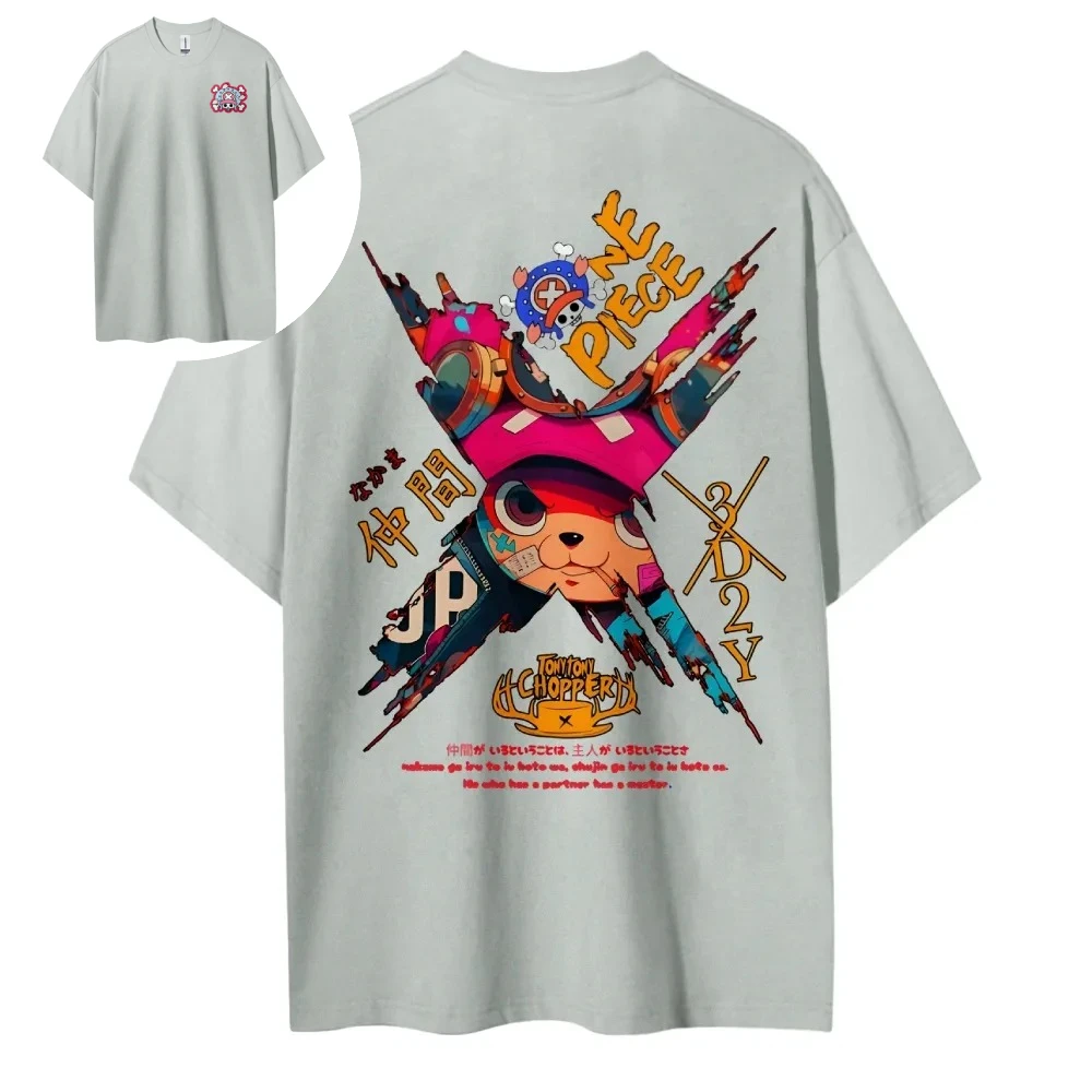 Camiseta de una pieza de Tony Tony Chopper para hombre, camisetas de manga corta de algodón lavada Vintage, camisetas gráficas de Anime de verano 2025, Base negra Nakama
