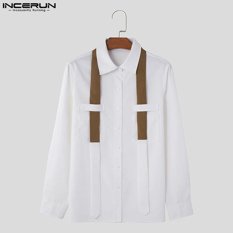 INCERUN Men\'s Casual Shirt Patchwork Lapel Long Sleeve Button Men Clothing 2024 Korean Style Streetwear Fashion Shirts S-5XL