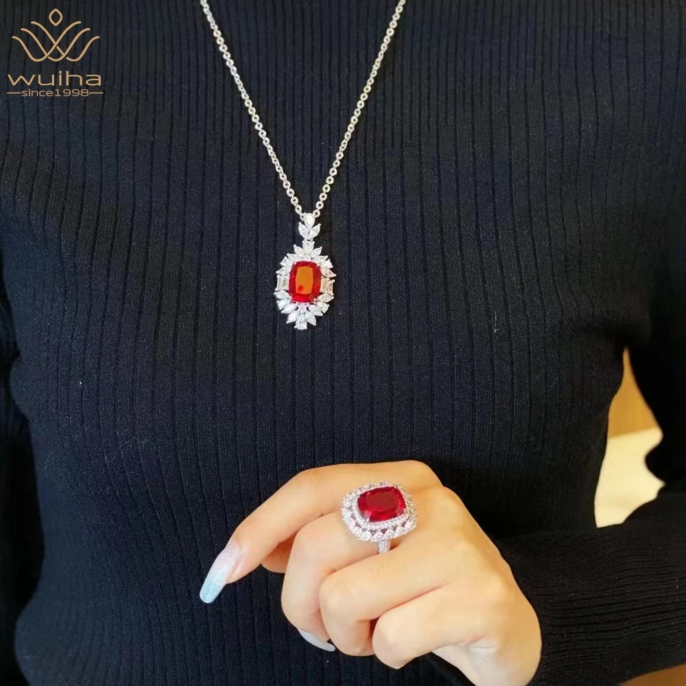 

WUIHA Real 925 Sterling Silver 10CT Created Ruby Vivid Red Sapphire Ring/Pendant/Necklace Anniversary Jewelry Set Drop Shipping