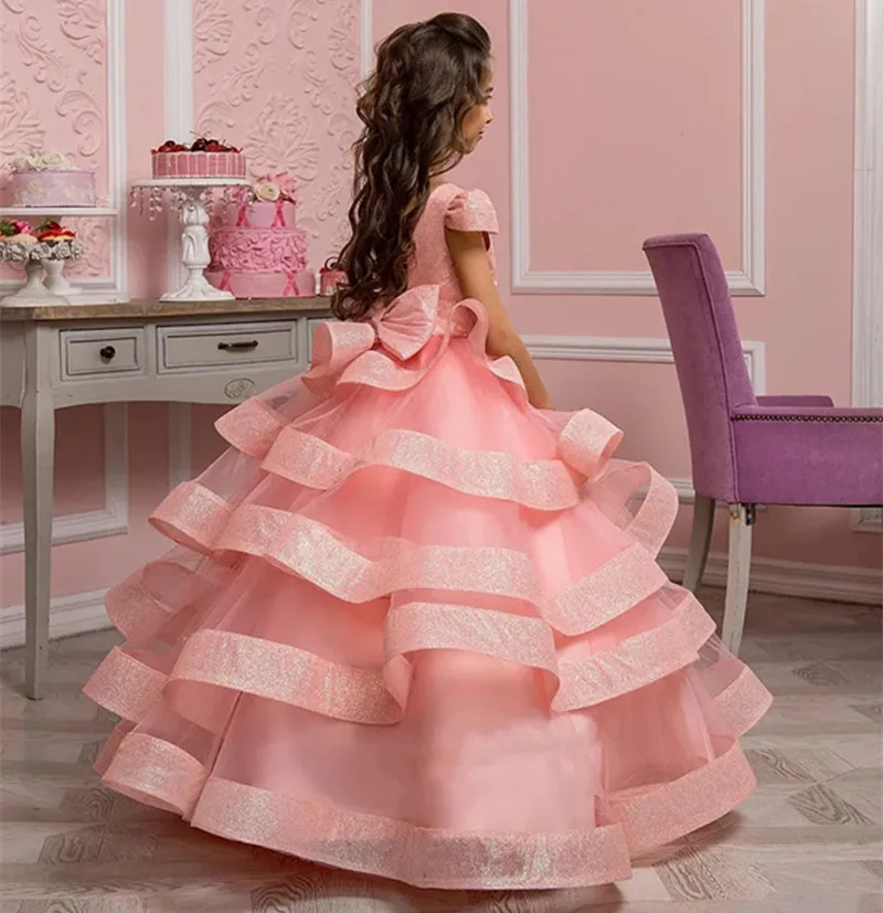 Robe de demoiselle d'honneur moelleuse à plusieurs niveaux pour mariage, organza scintillant, tulle, col rond, robe de princesse, fête d'anniversaire, première communion, rose