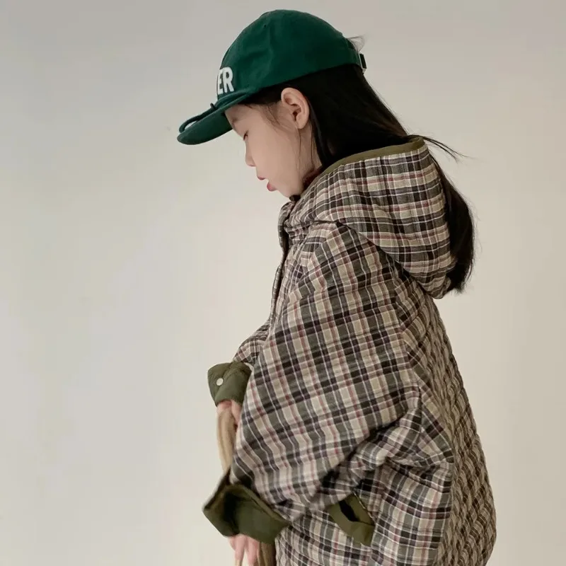 2025 Korean Winter Children Girls Parkas Cotton Padded Thicken Warm Kids Girls Coat Plaid Hooded Young Kids Girls Outwear Jacket