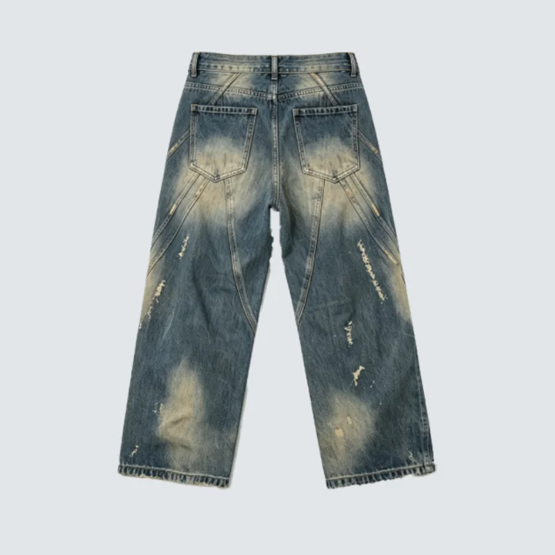 MWJLPWQ American-Style Distressed Split Jeans Dirty Wash Ripped Details Frayed Edges Straight-Leg Loose-Fit Denim Pants 20426