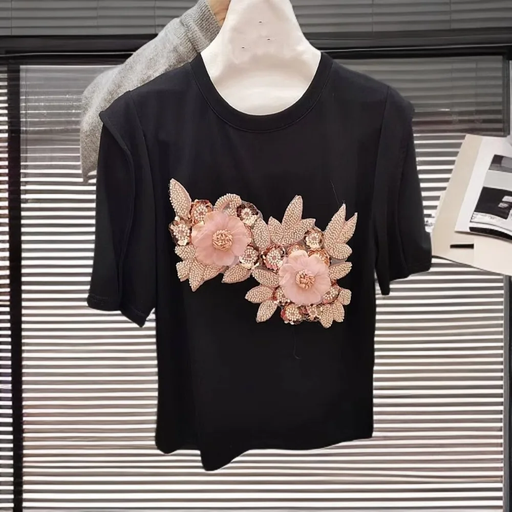 Neploe Commuter O Neck Simple Europe Heavy T-shirt Early Spring Embroidery Korea 3D Flower Tops All-match Gentle All-match Mujer