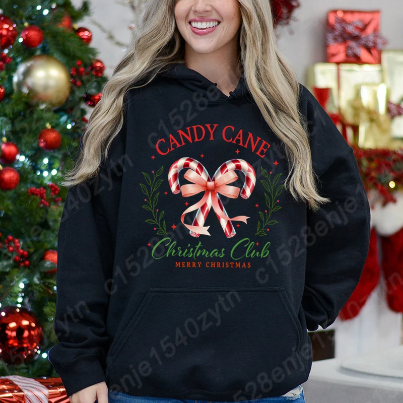 Candy Cane Christmas Club Merry Christmas พิมพ์ Hooded Hoodies ผู้หญิงฤดูหนาวฤดูใบไม้ร่วงหลวม Pullovers Casual Hooded Sweatshirt Tops