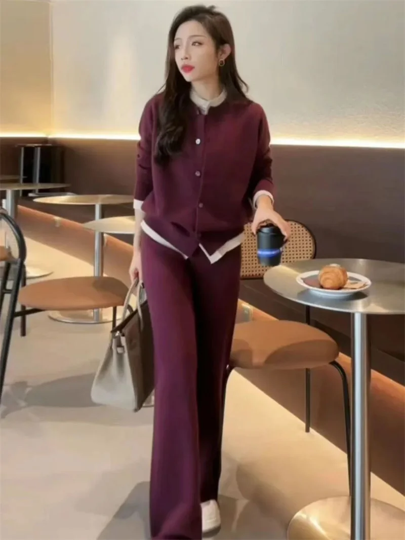 Winter Korean Loose Flesh Blocking Slim Color Blocked Two-Piece Female Knitted Cardigan High Waist Wide Leg Pants Sweater Set