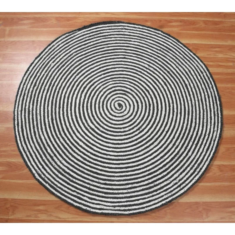 Rug 100% Jute Black White Hand Braided Round Area Carpet Modern Living Room Rug