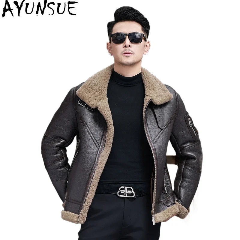 

AYUNSUE Natural Fur Coat Man New Winter Warm Real Sheepskin Genuine Leather Jacket Men Flight Suit Short Fashion Brown Fur Coats
