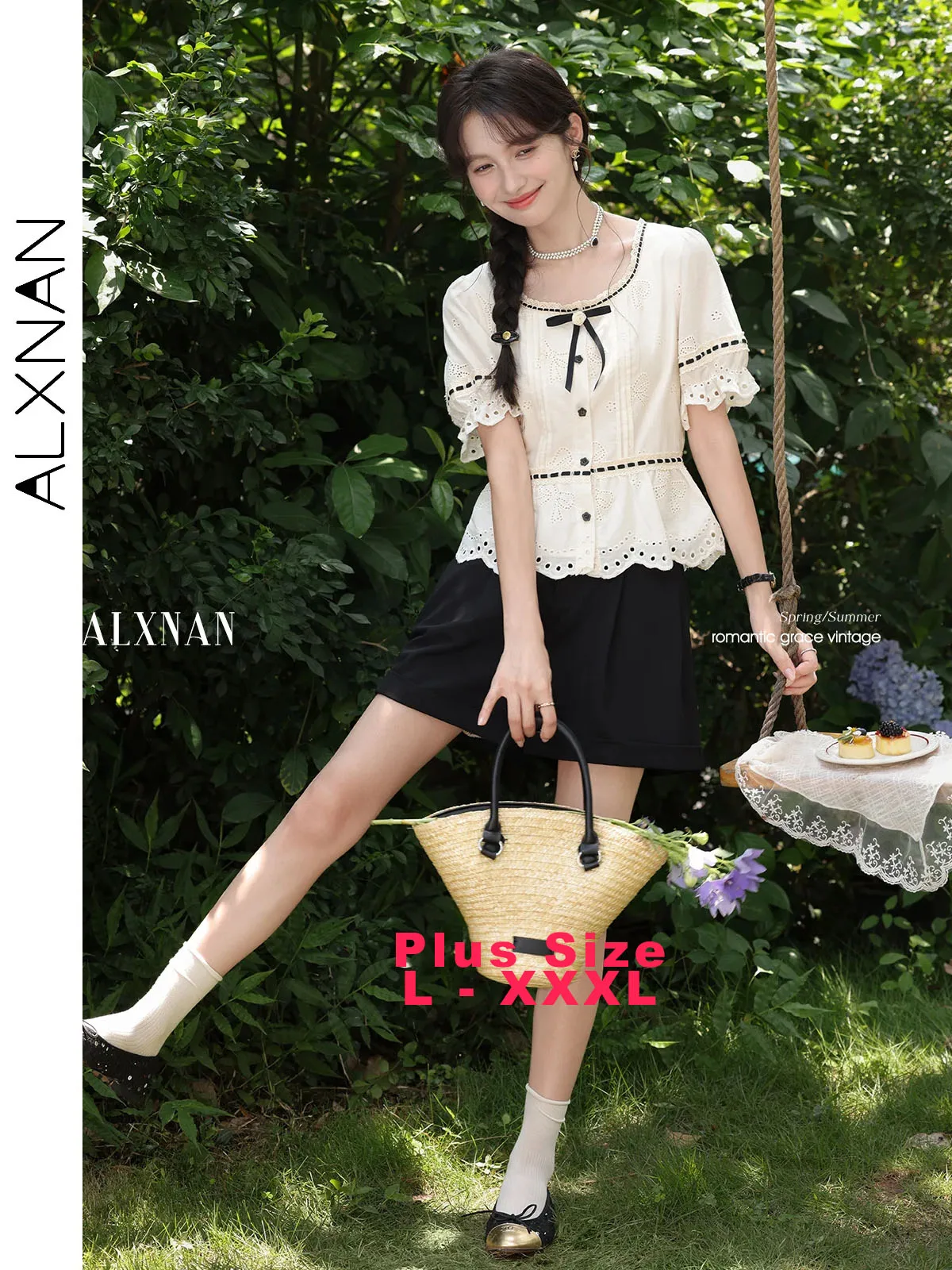 

ALXNAN Plus Size Cotton 100% Shirt Women 2025 Summer White Lace Cutout Bow Puff Sleeve Blouses Casual Short Sleeve Tops D11754
