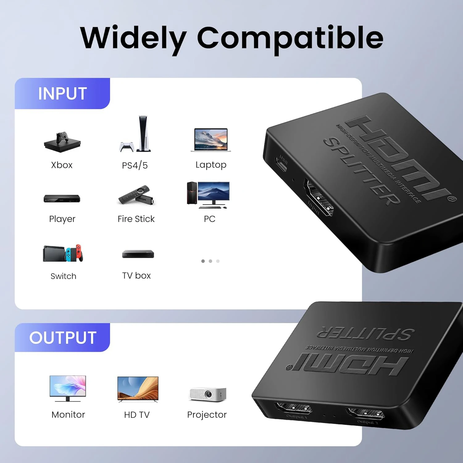 4K HDMI splitter 1 to 2 dual display copy mirror with EDID, 1 input and 2 outputs