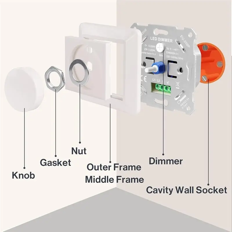 IALJ-Dimmer Switch LED Dimmer 230 V عكس الضوء LED / الهالوجن 5-200 واط عكس الضوء الروتاري باهتة فلوش شنت مفتاح الإضاءة غطاء أبيض #2
