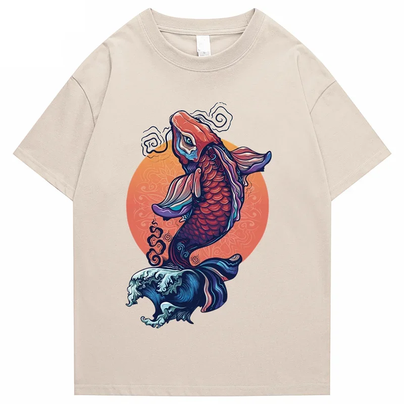 Mens TShirt Streetwear Japanese Harajuku Tshirt Koi Fish Wave Printed Hip Hop Women T-Shirt Short Sleeve Summer Cotton Tops Tees