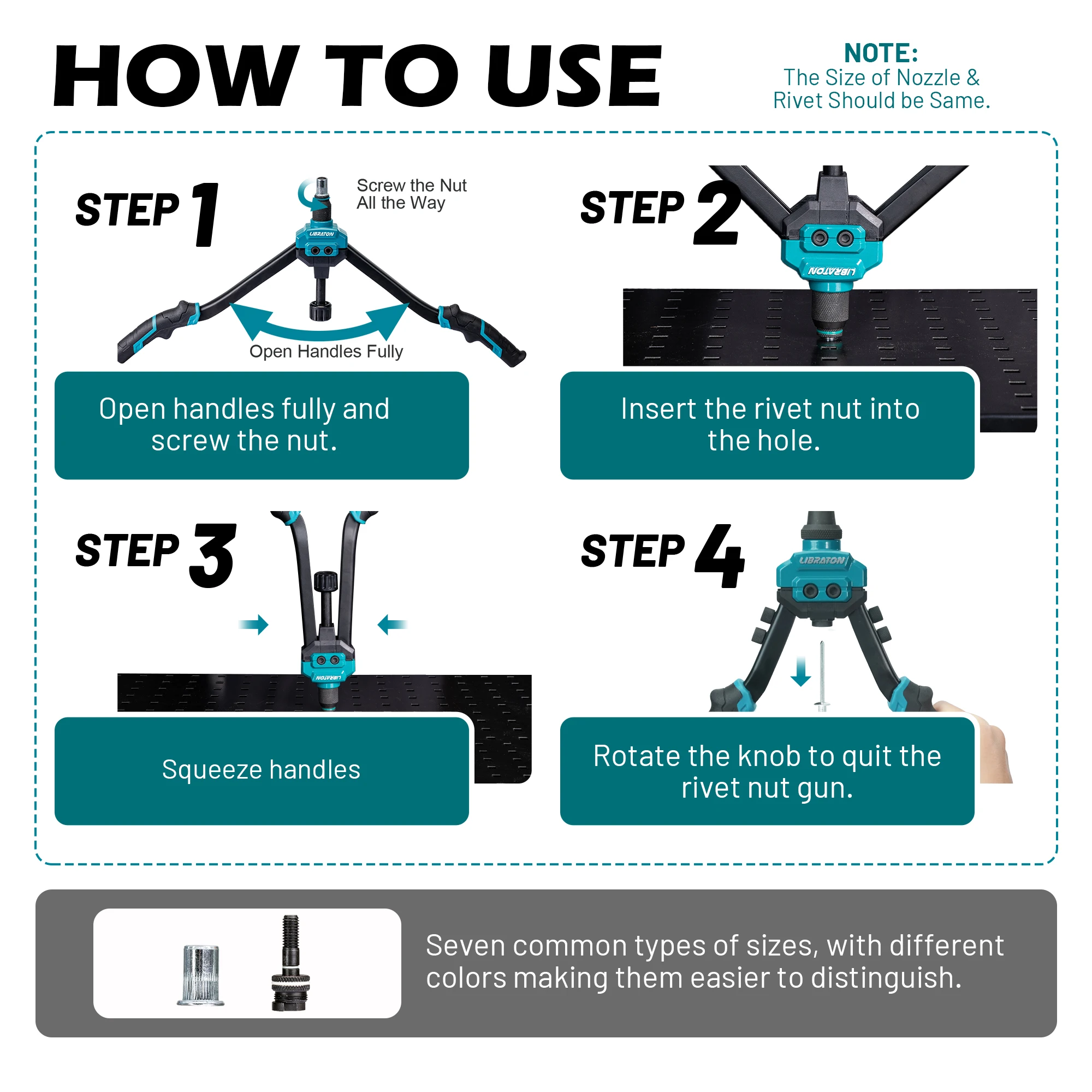 Libraton 16 "جوز برْشام أداة مجموعة اليد جوزة برْشام بندقية مع 68 قطعة برشام المكسرات 7 قطعة مماسك متري قابلة للتبديل لإصلاح المنزل #4