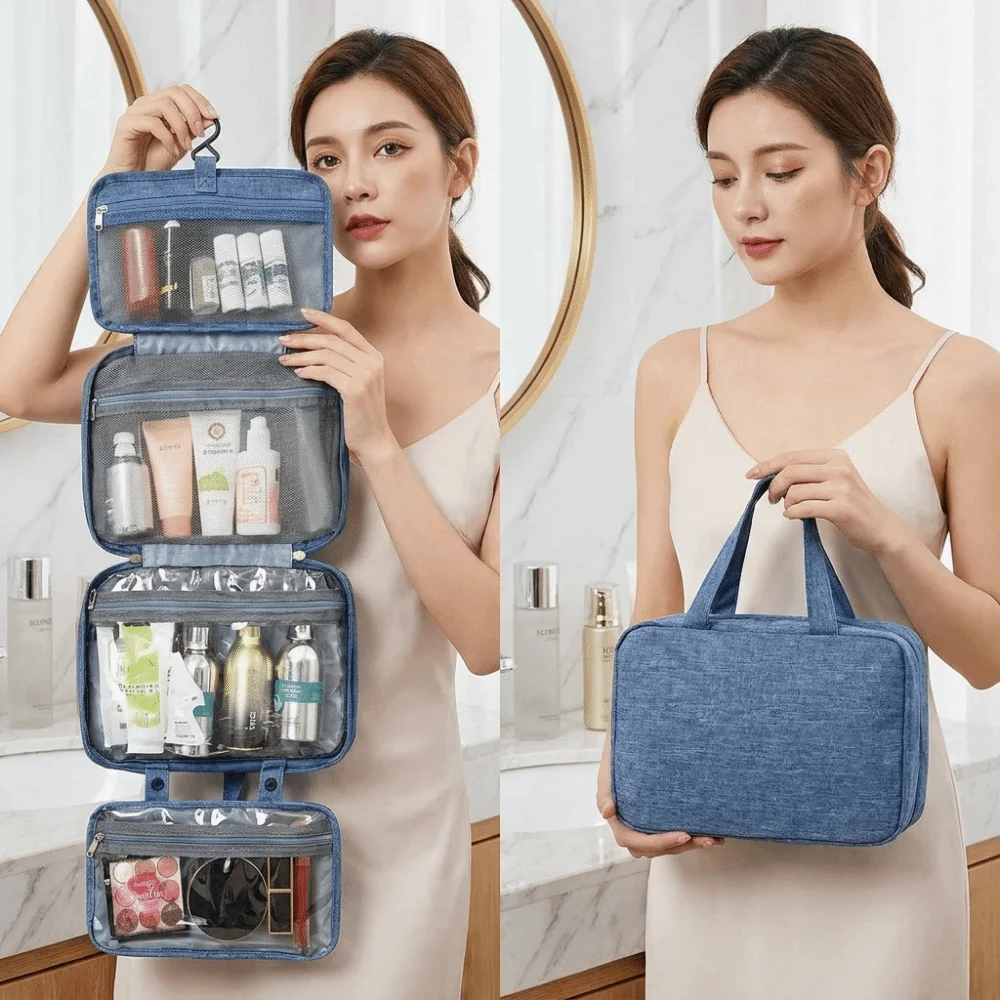 Large Capacity Travel Hanging Wash Bag Wet Dry Separation Multi Compartments 4 Fold Toiletry Bag Waterproof Multi-Pocket